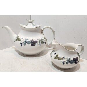 Vtg Royal Doulton Burgundy Teapot & Creamer English Translucent China Green Grey